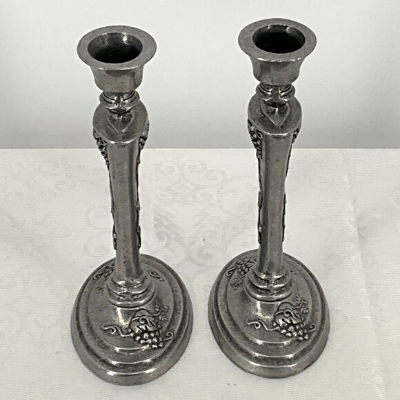 Vintage Pewter 1997 Carson Candle Holders Pair Vineyard Design‎ - Picture 4 of 8